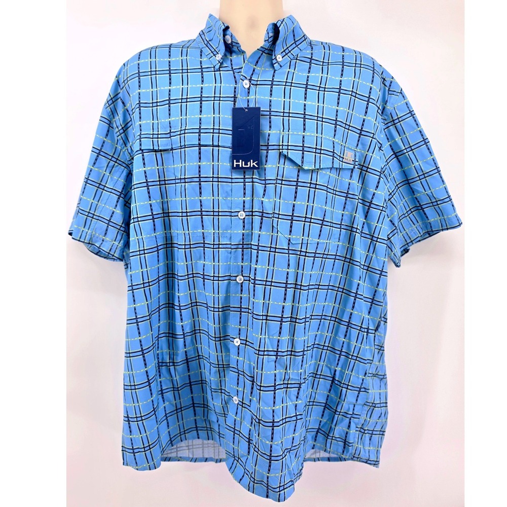 Huk Tide Point Printed SS Fishing Shirt Mens XL Blue Plaid Perforated H1500220